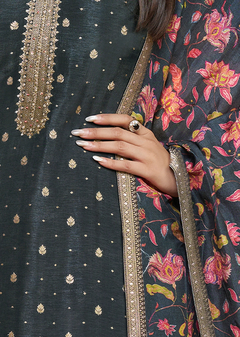 Charcoal Grey Jacquard Work Dola Silk Kurta Set with Floral Printed Dupatta