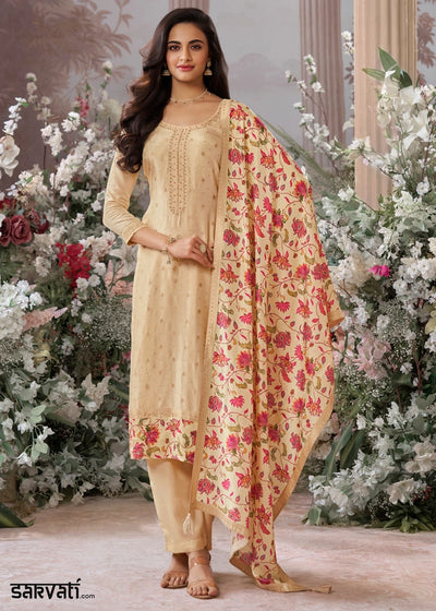 Beige Brown Jacquard Work Dola Silk Kurta Set with Floral Printed Dupatta