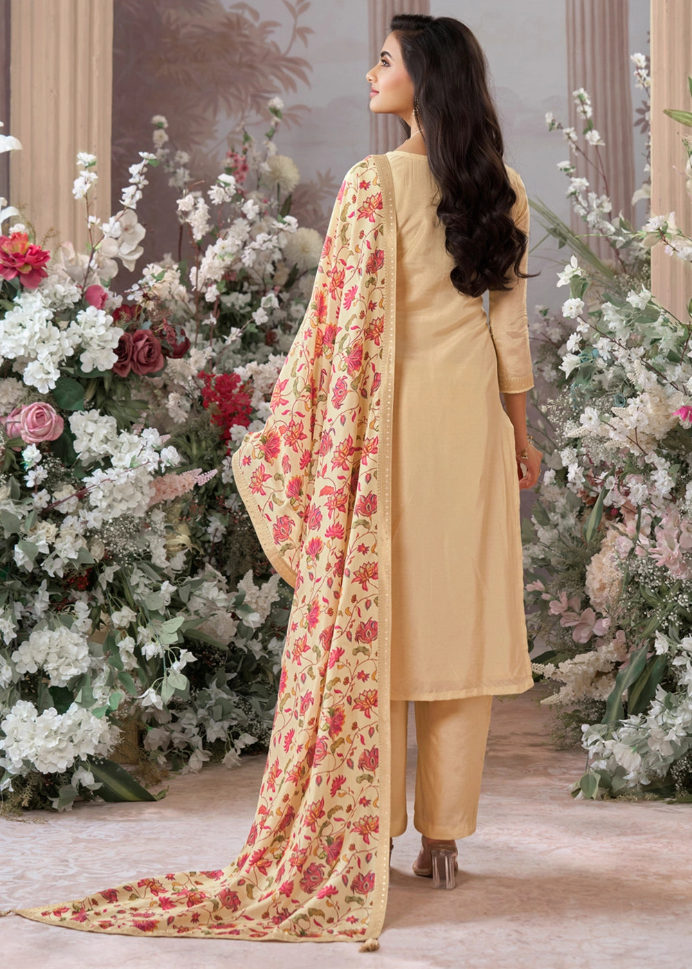 Beige Brown Jacquard Work Dola Silk Kurta Set with Floral Printed Dupatta