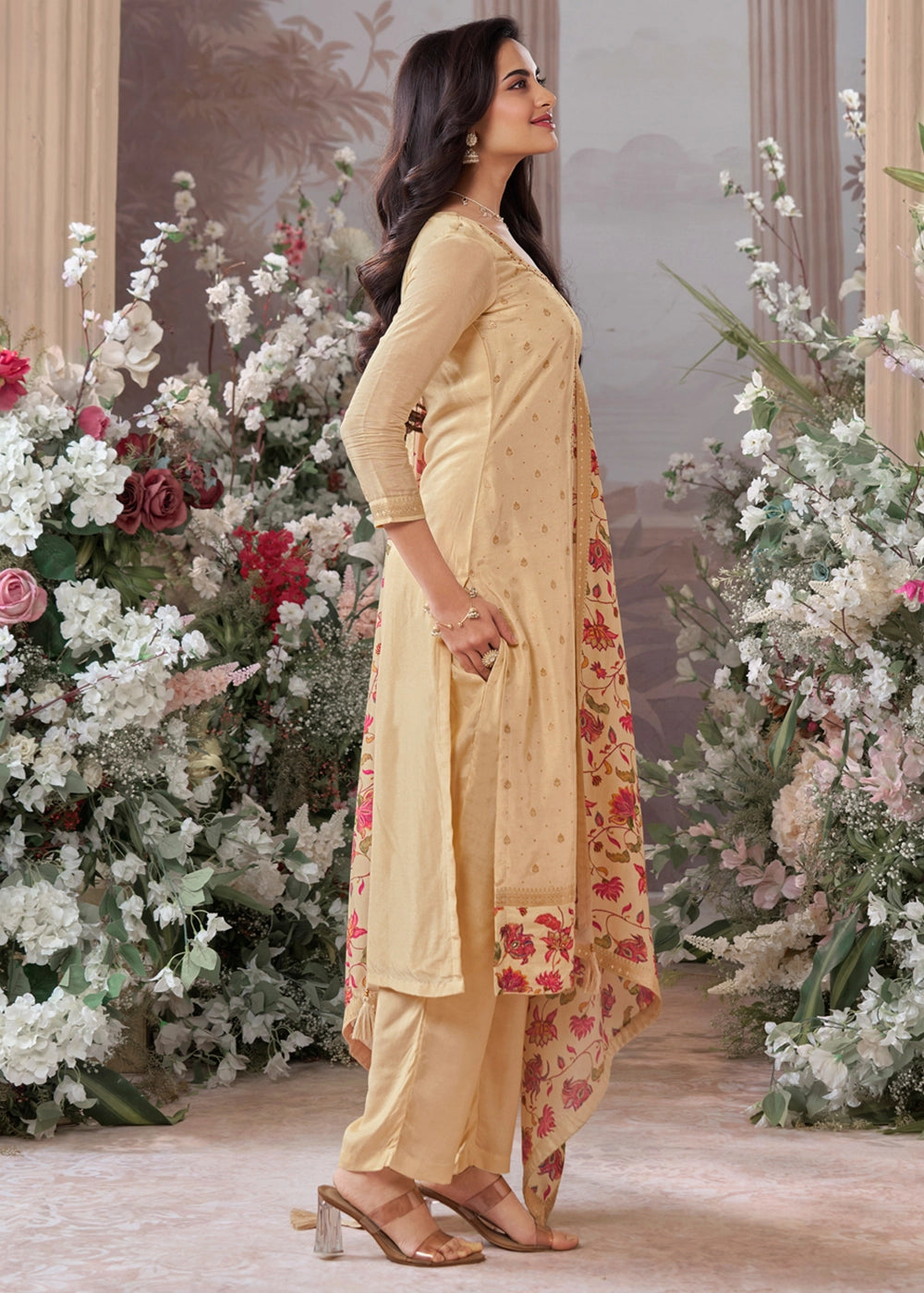 Beige Brown Jacquard Work Dola Silk Kurta Set with Floral Printed Dupatta