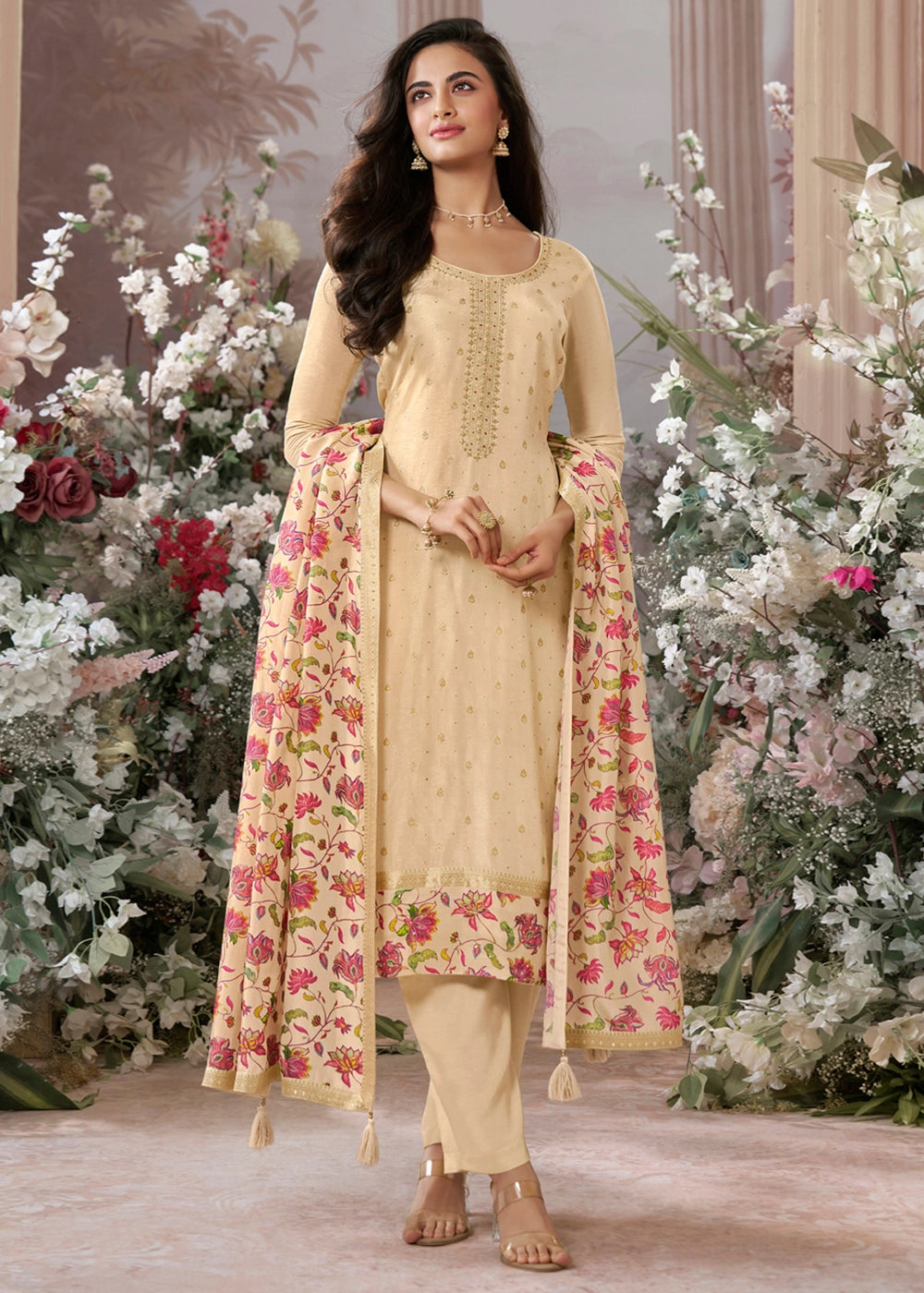 Beige Brown Jacquard Work Dola Silk Kurta Set with Floral Printed Dupatta