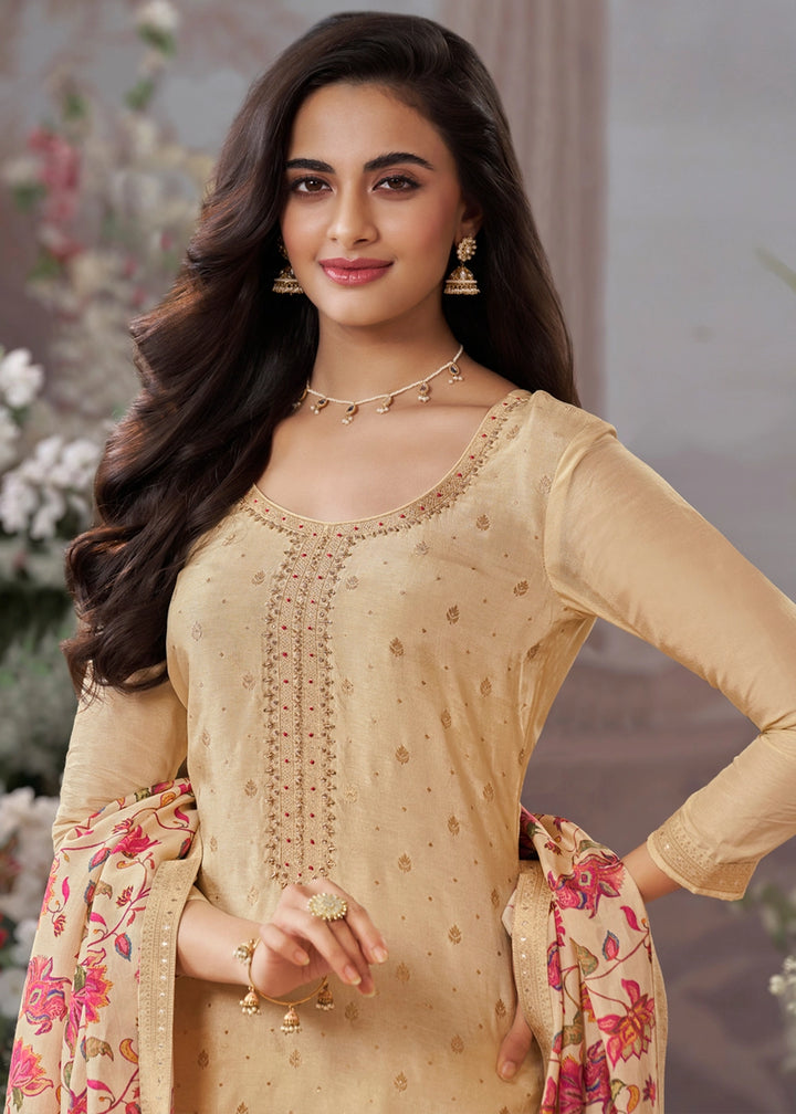 Beige Brown Jacquard Work Dola Silk Kurta Set with Floral Printed Dupatta