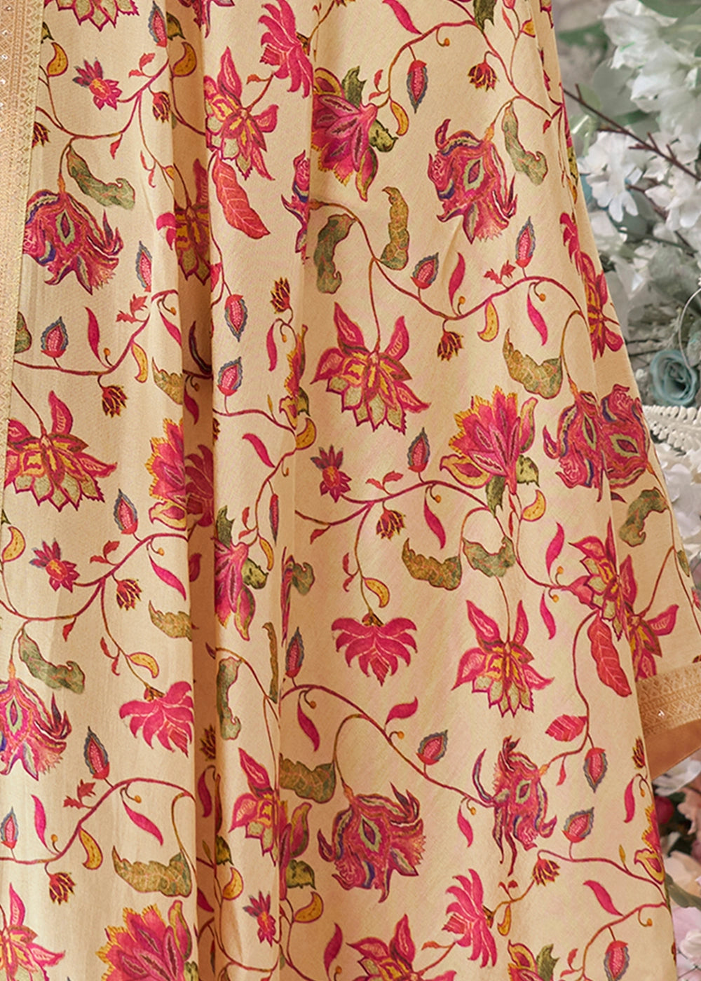 Beige Brown Jacquard Work Dola Silk Kurta Set with Floral Printed Dupatta