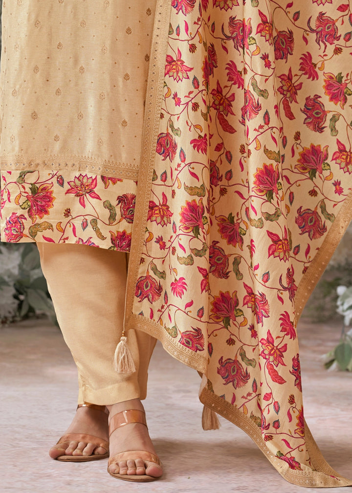 Beige Brown Jacquard Work Dola Silk Kurta Set with Floral Printed Dupatta