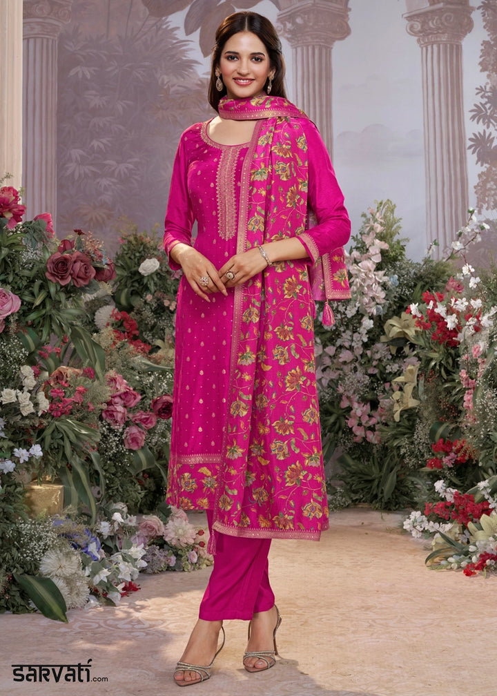 Magenta Pink Jacquard Work Dola Silk Kurta Set with Floral Printed Dupatta