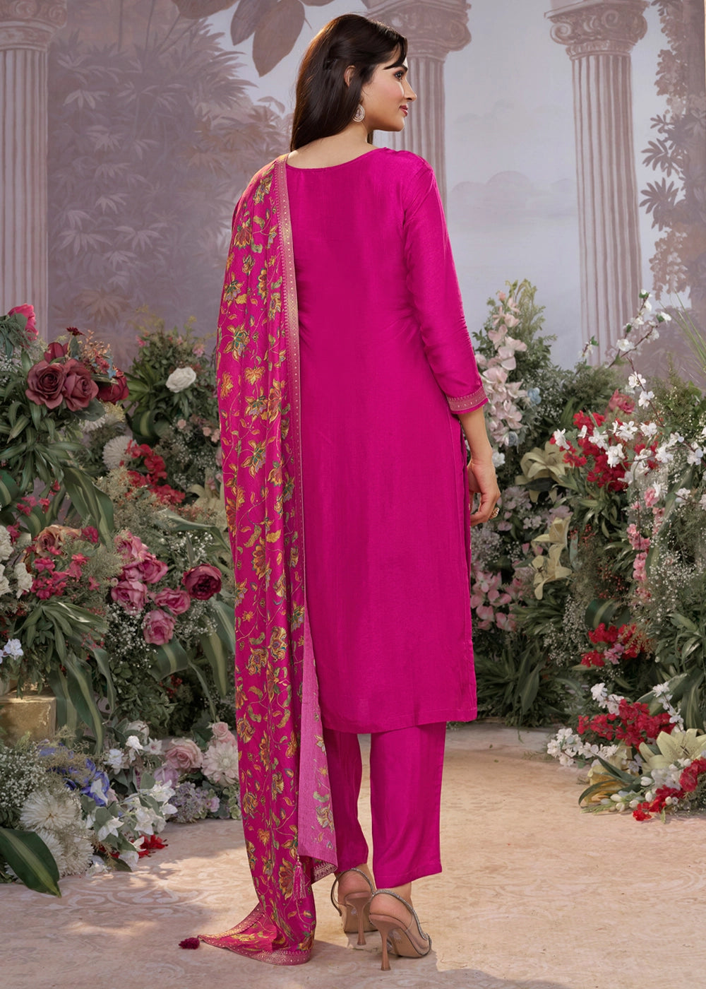 Magenta Pink Jacquard Work Dola Silk Kurta Set with Floral Printed Dupatta