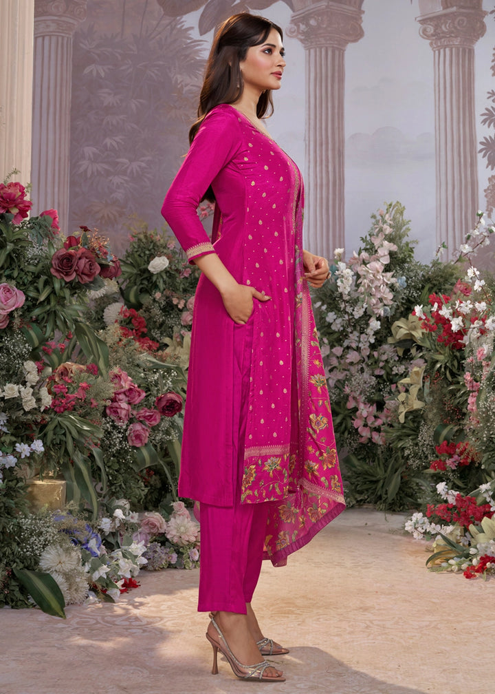 Magenta Pink Jacquard Work Dola Silk Kurta Set with Floral Printed Dupatta