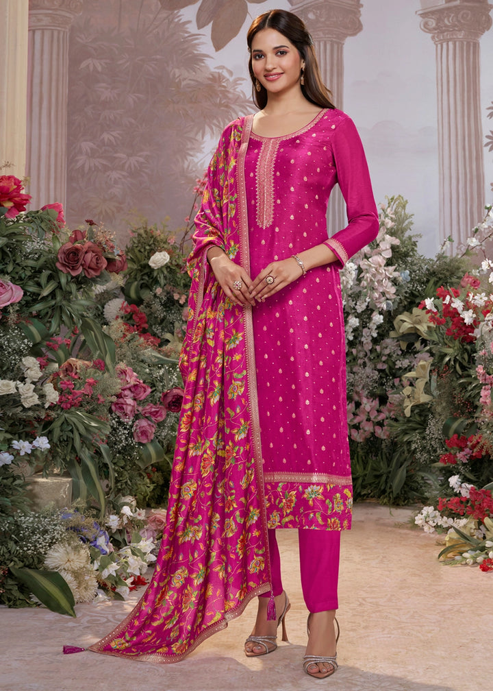 Magenta Pink Jacquard Work Dola Silk Kurta Set with Floral Printed Dupatta