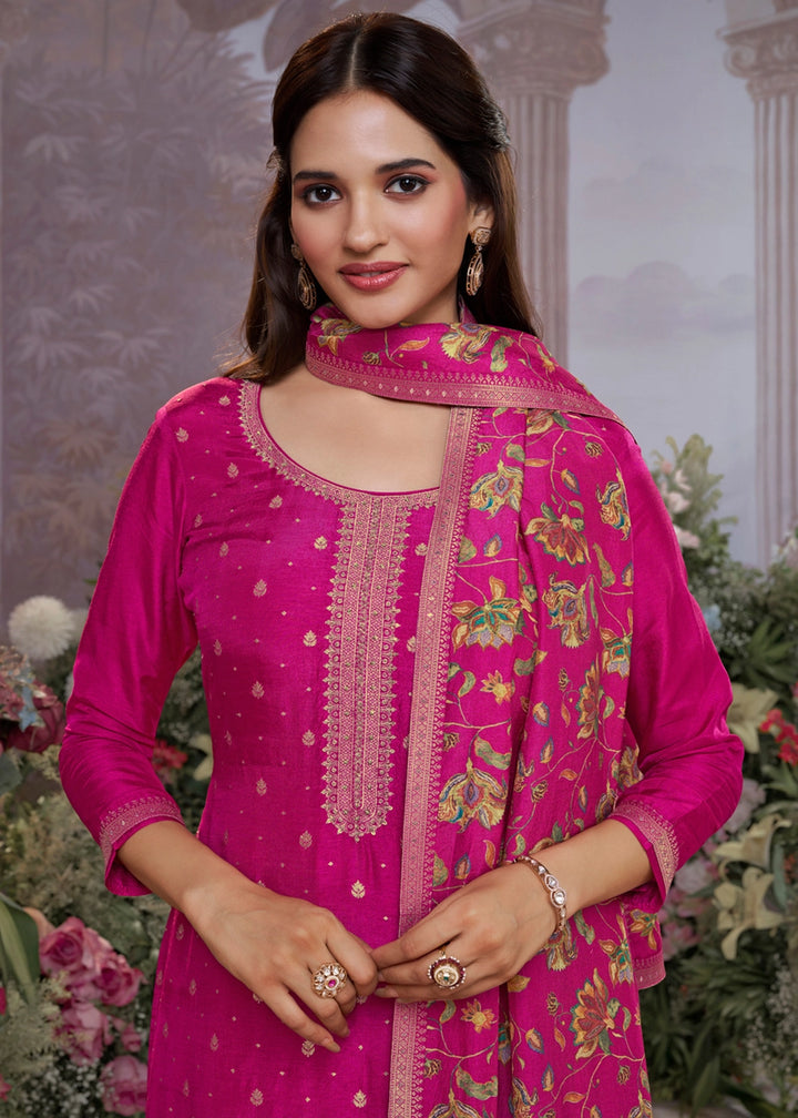 Magenta Pink Jacquard Work Dola Silk Kurta Set with Floral Printed Dupatta