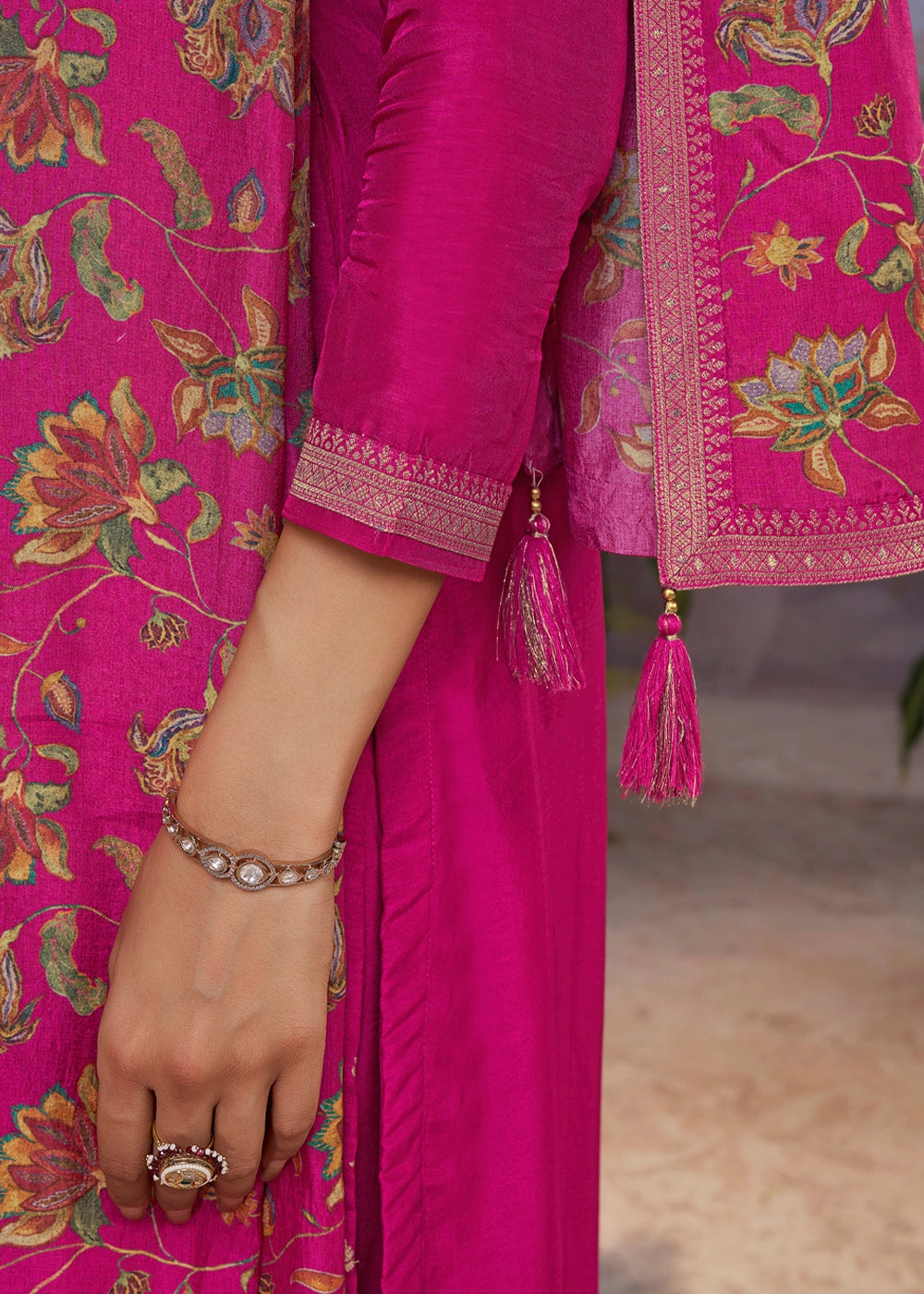 Magenta Pink Jacquard Work Dola Silk Kurta Set with Floral Printed Dupatta