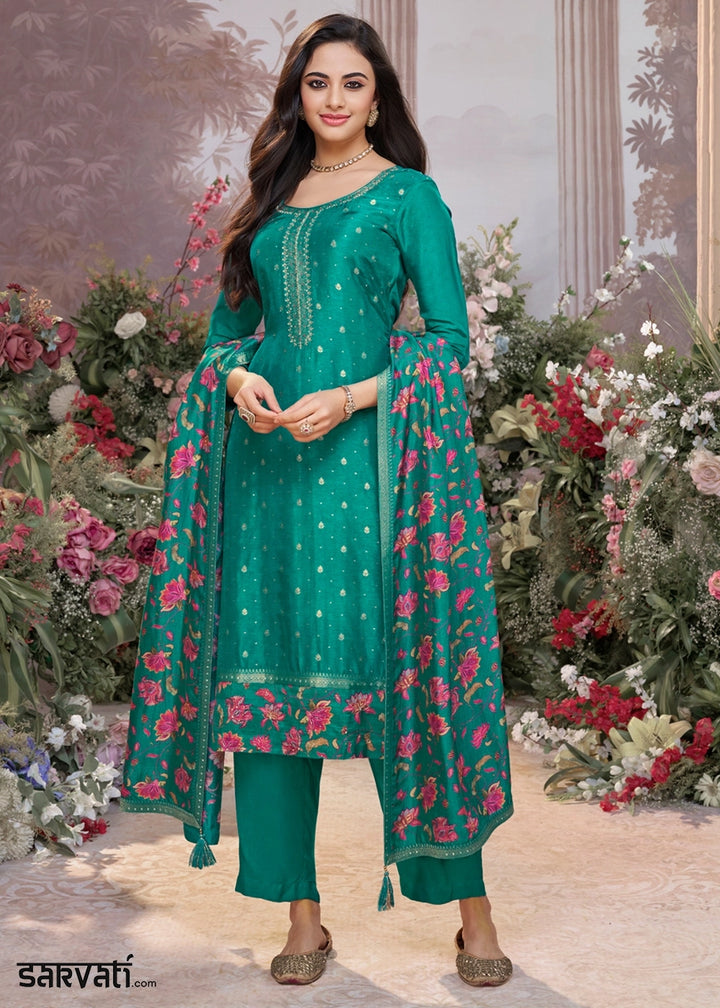 Pine Green Jacquard Work Dola Silk Kurta Set with Floral Printed Dupatta