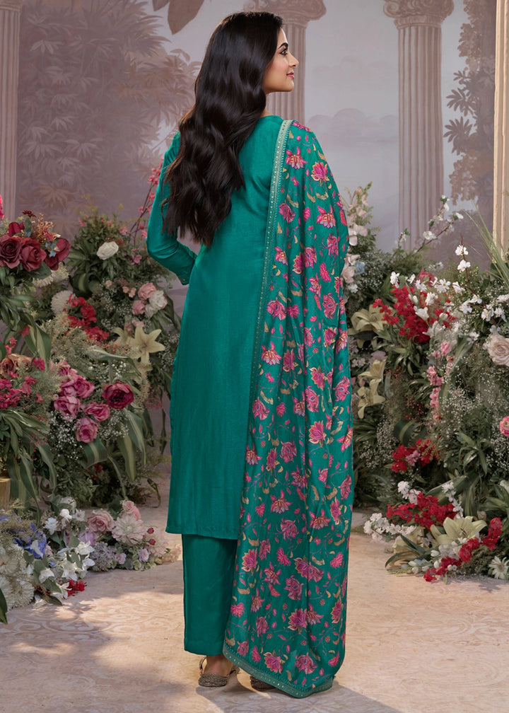 Pine Green Jacquard Work Dola Silk Kurta Set with Floral Printed Dupatta