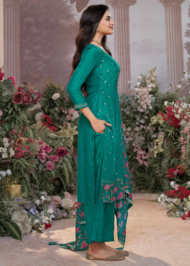 Pine Green Jacquard Work Dola Silk Kurta Set with Floral Printed Dupatta