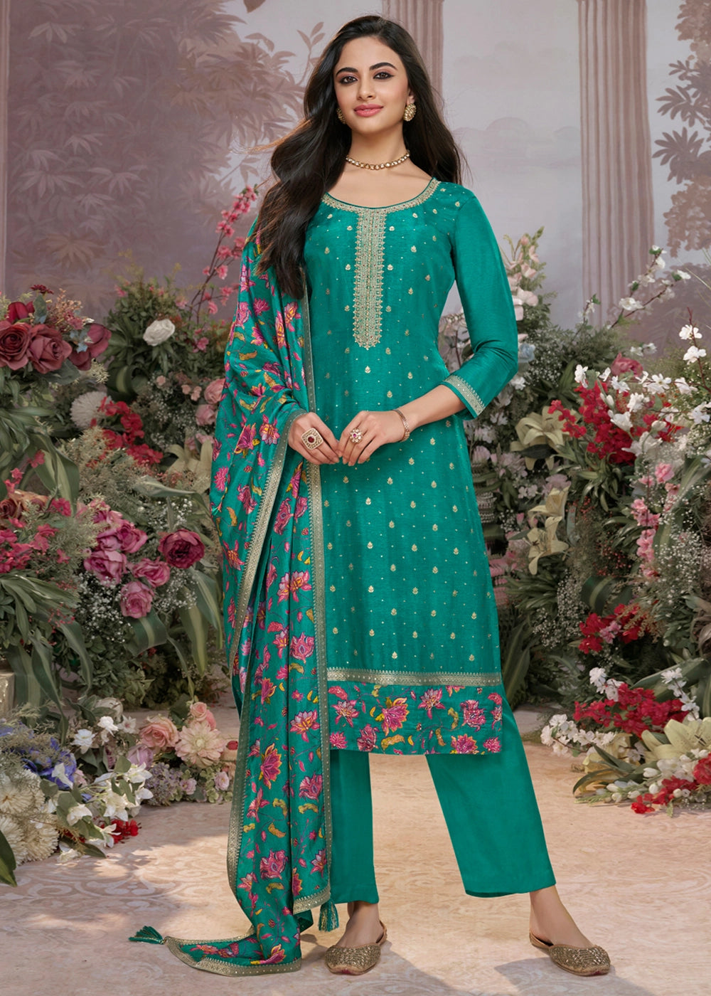 Pine Green Jacquard Work Dola Silk Kurta Set with Floral Printed Dupatta