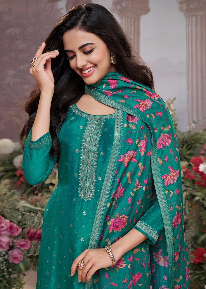 Pine Green Jacquard Work Dola Silk Kurta Set with Floral Printed Dupatta