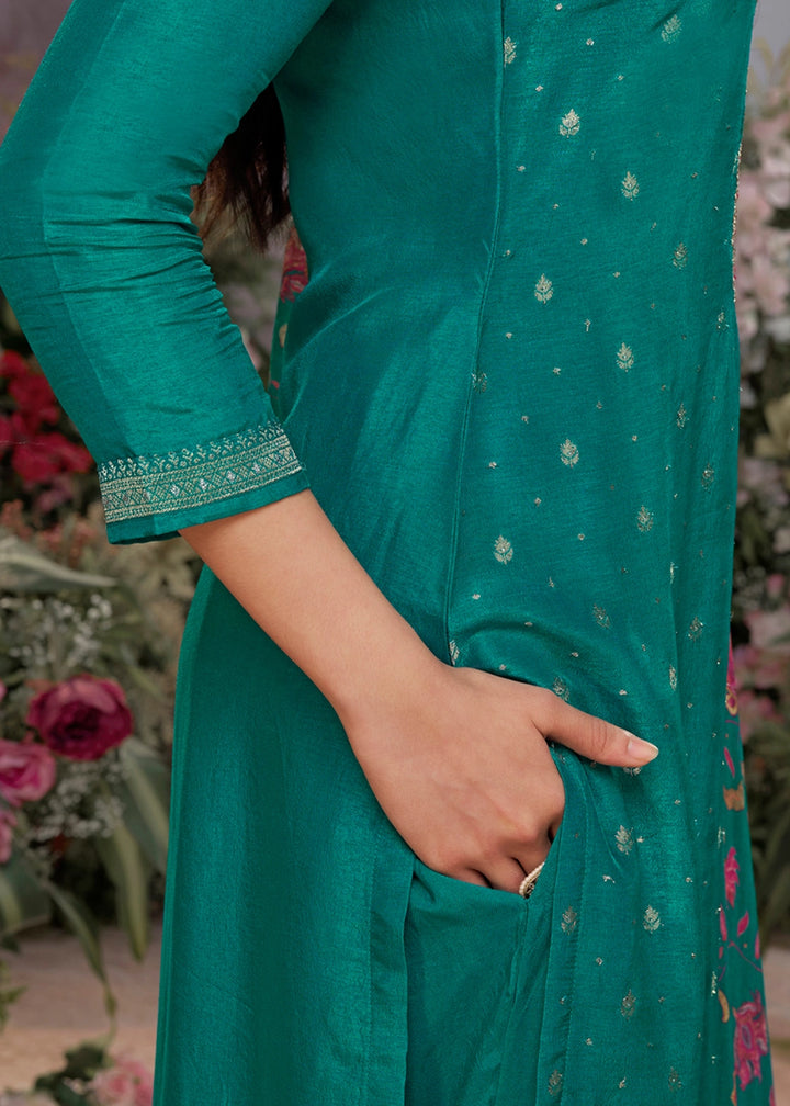 Pine Green Jacquard Work Dola Silk Kurta Set with Floral Printed Dupatta
