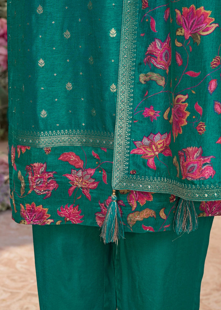 Pine Green Jacquard Work Dola Silk Kurta Set with Floral Printed Dupatta