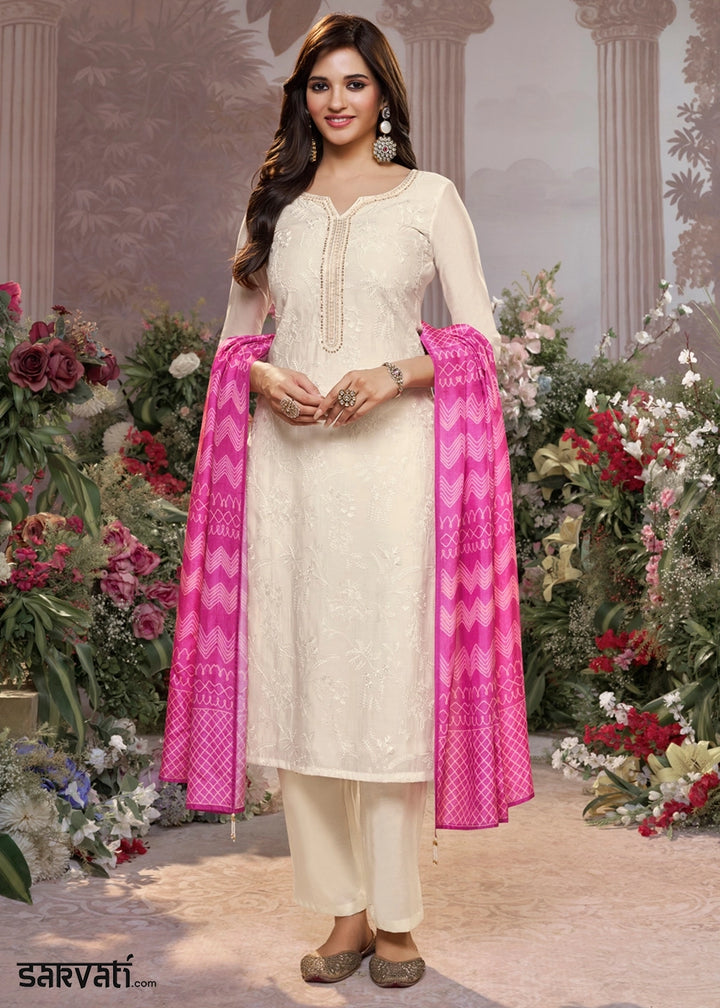 Off White Viscose Suit Set with Thread Work and Pink Printed Dupatta