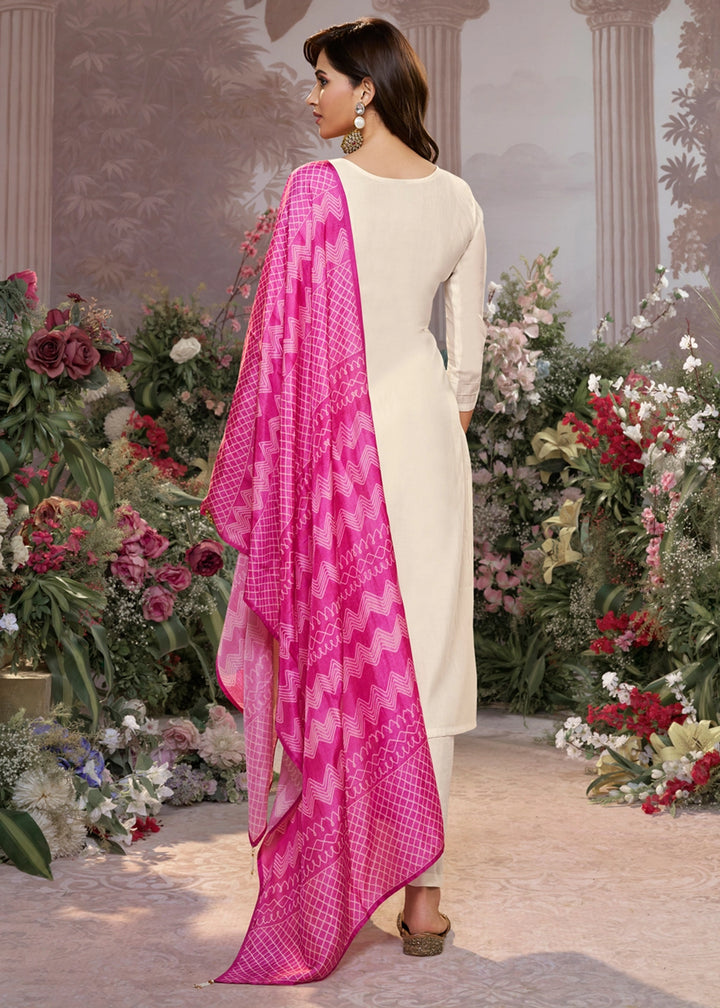 Off White Viscose Suit Set with Thread Work and Pink Printed Dupatta
