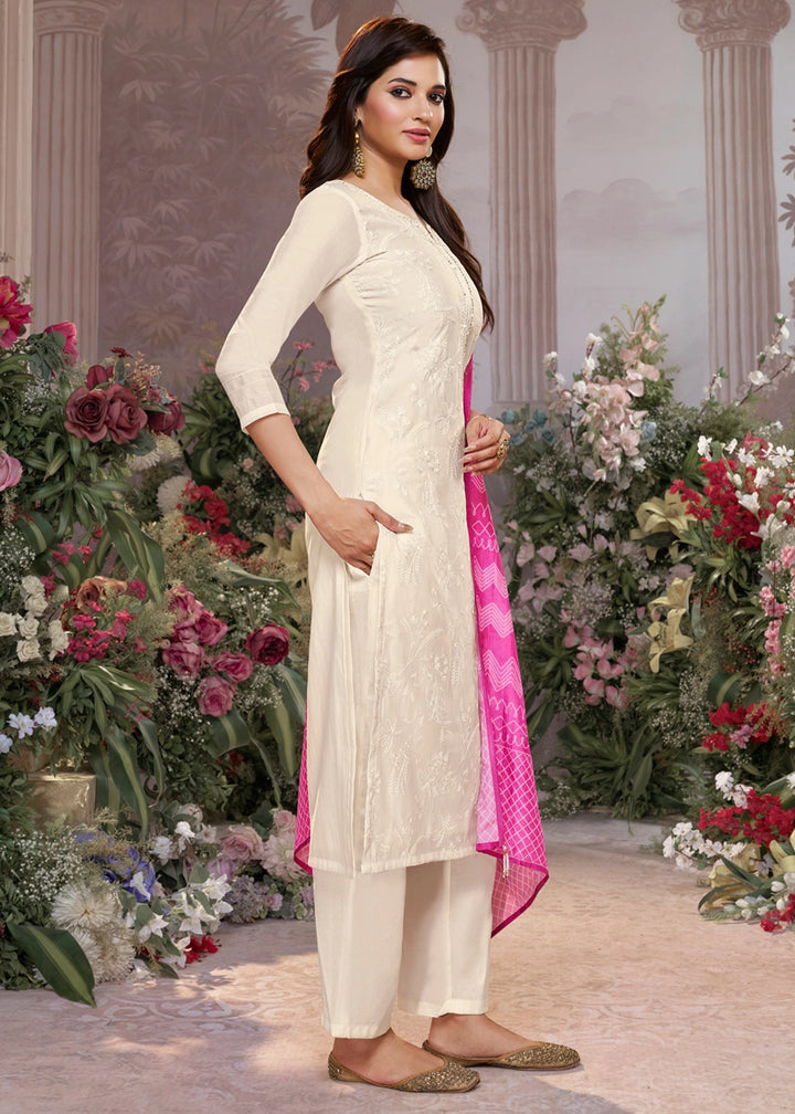 Off White Viscose Suit Set with Thread Work and Pink Printed Dupatta