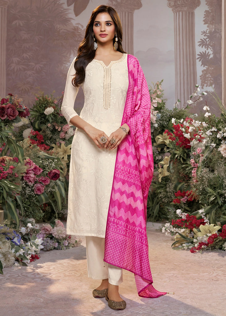 Off White Viscose Suit Set with Thread Work and Pink Printed Dupatta