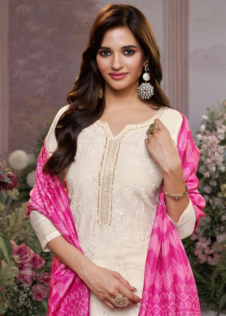 Off White Viscose Suit Set with Thread Work and Pink Printed Dupatta