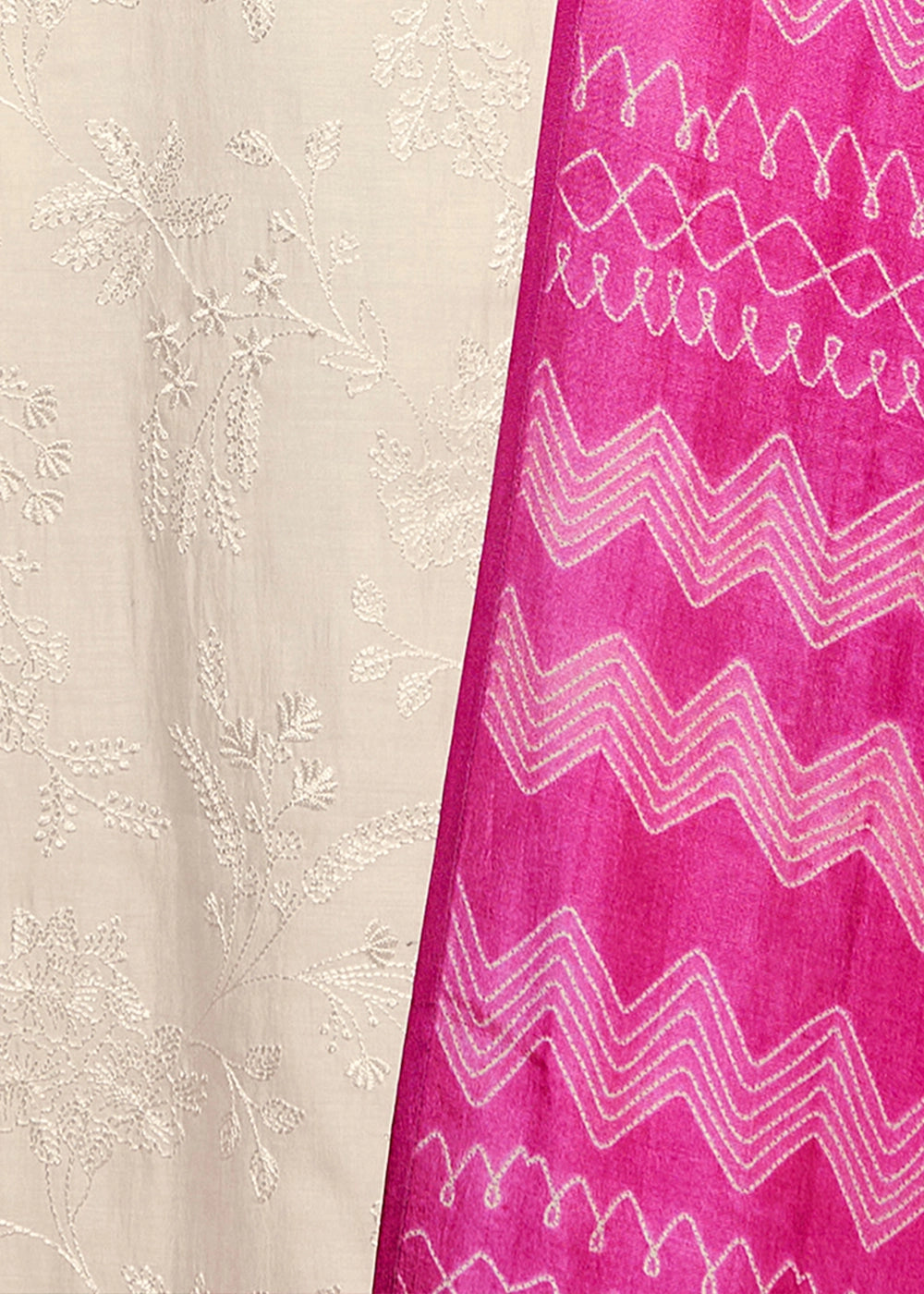 Off White Viscose Suit Set with Thread Work and Pink Printed Dupatta