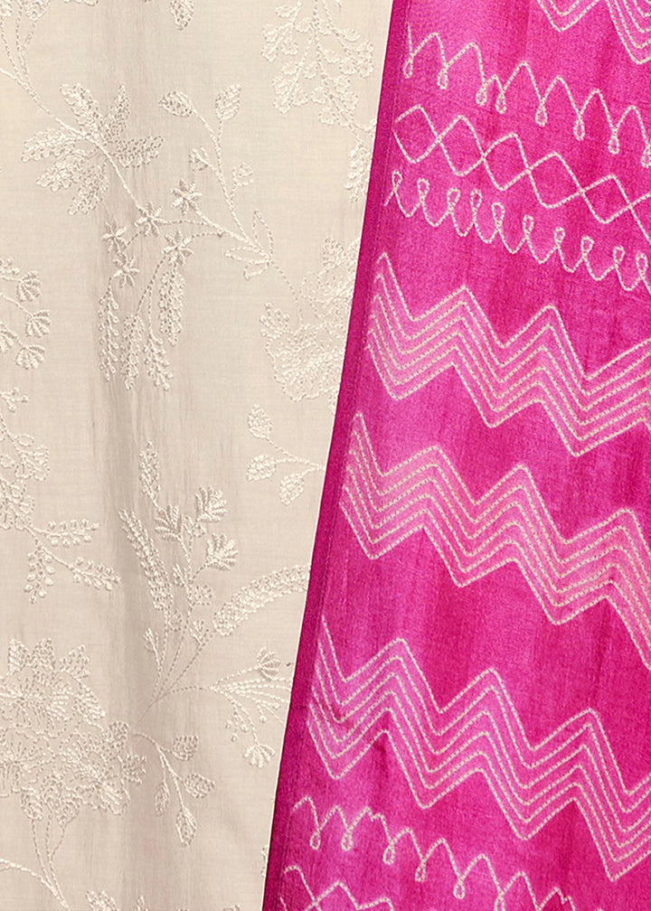 Off White Viscose Suit Set with Thread Work and Pink Printed Dupatta
