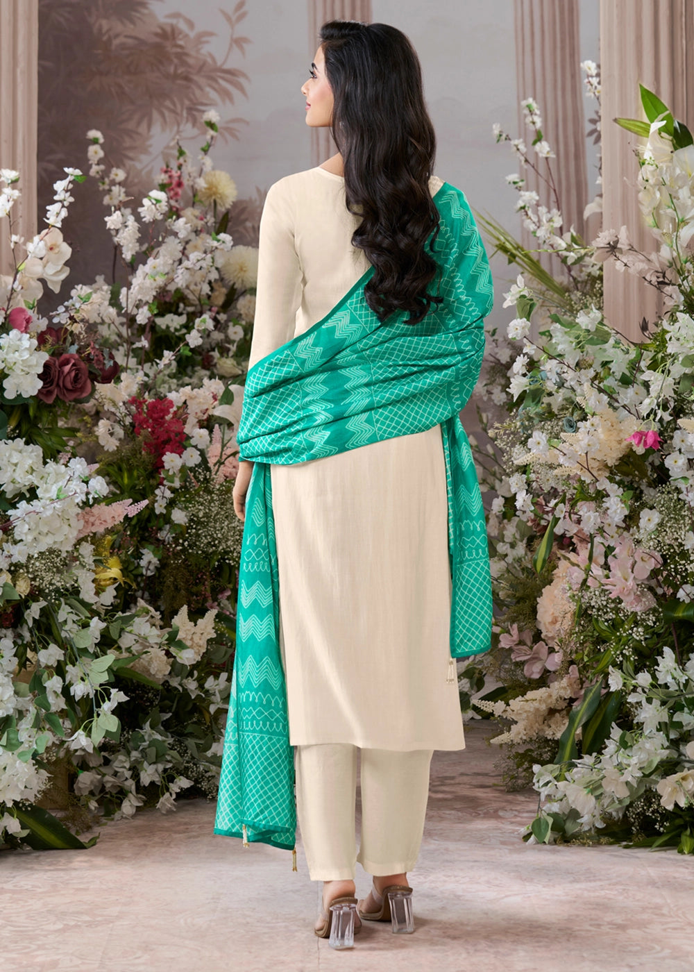 Parchment White Viscose Suit Set with Thread Work and Green Printed Dupatta