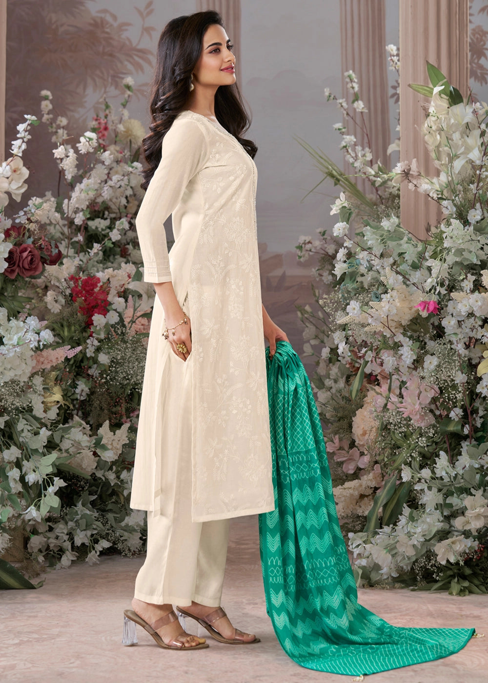 Parchment White Viscose Suit Set with Thread Work and Green Printed Dupatta