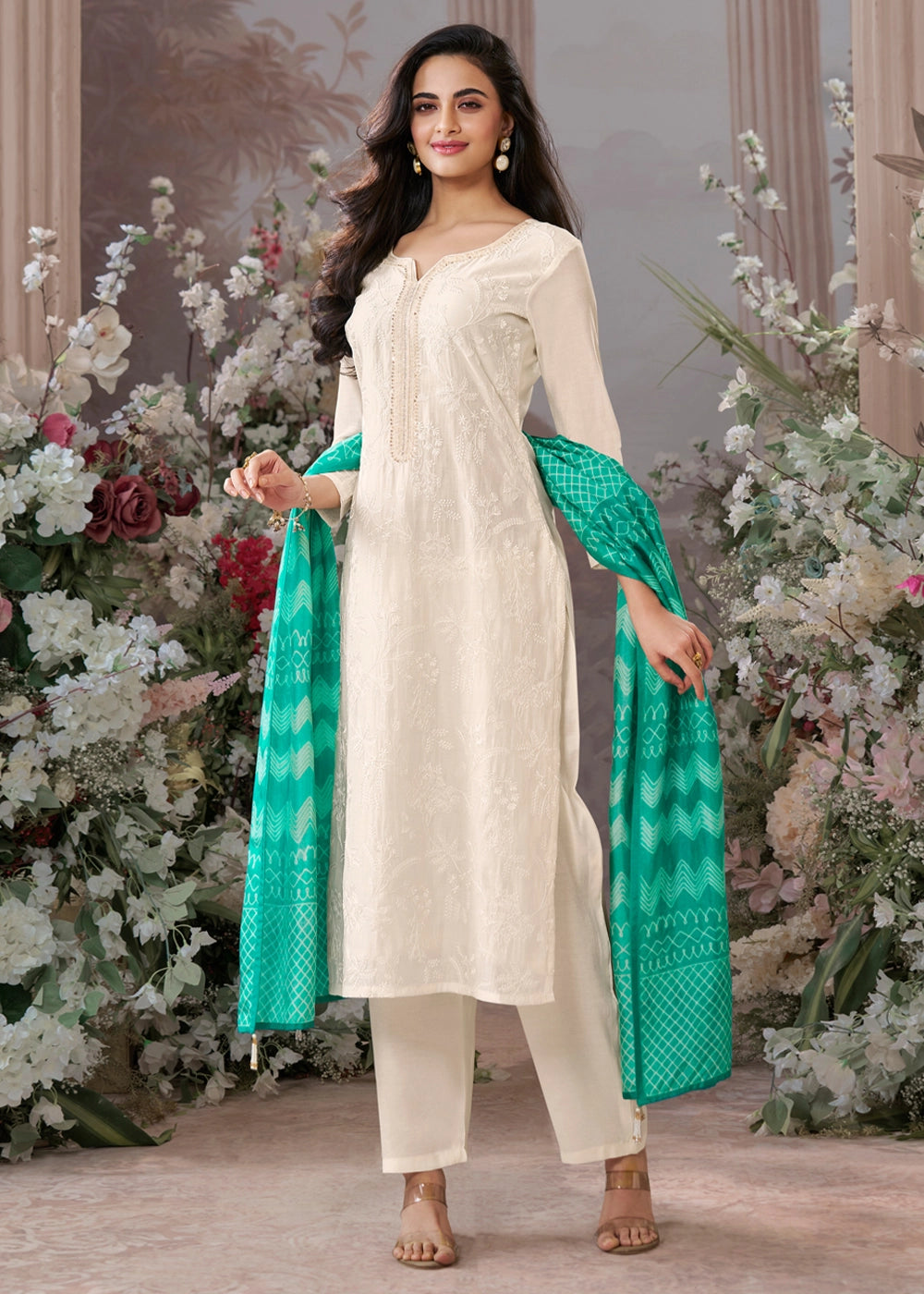 Parchment White Viscose Suit Set with Thread Work and Green Printed Dupatta