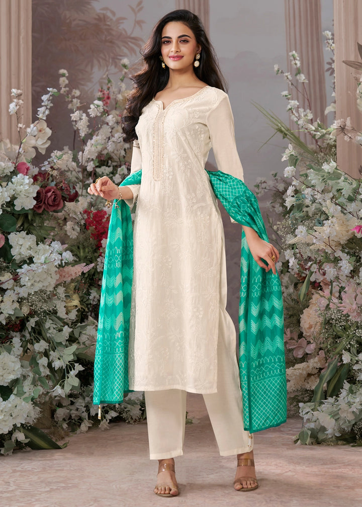 Parchment White Viscose Suit Set with Thread Work and Green Printed Dupatta