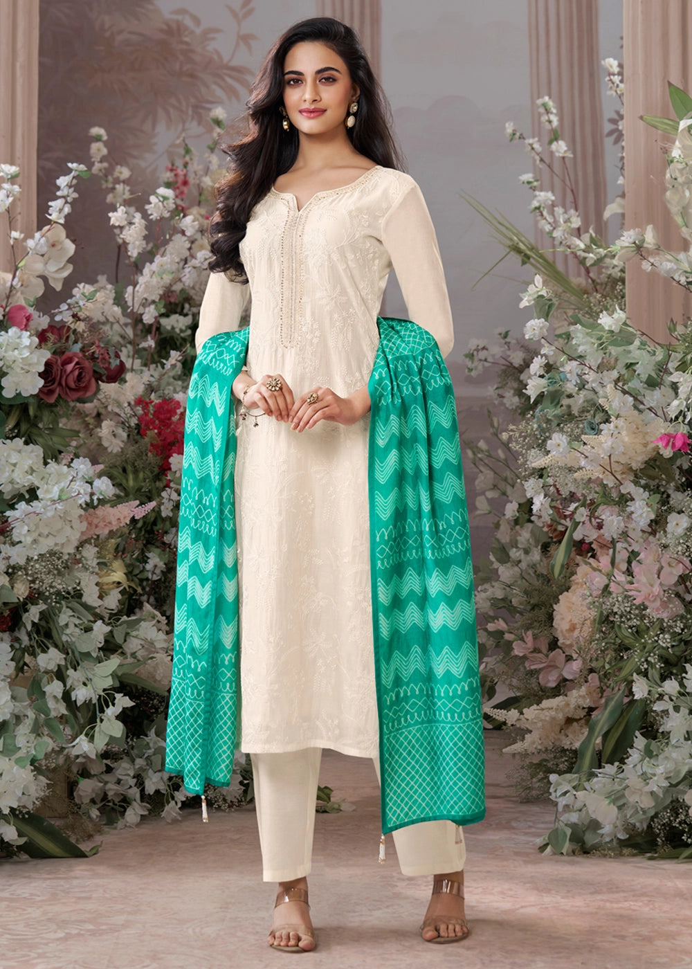 Parchment White Viscose Suit Set with Thread Work and Green Printed Dupatta