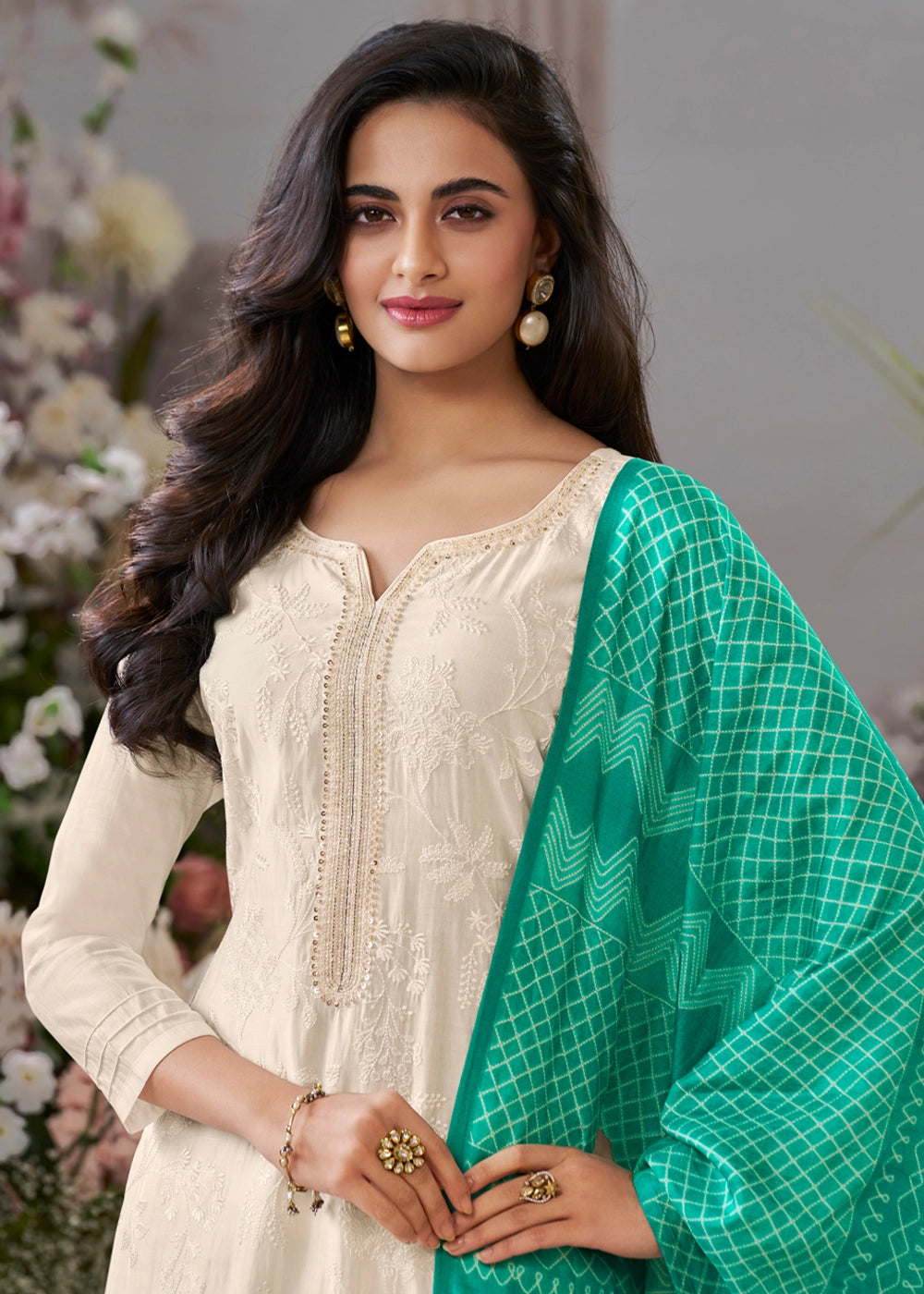 Parchment White Viscose Suit Set with Thread Work and Green Printed Dupatta