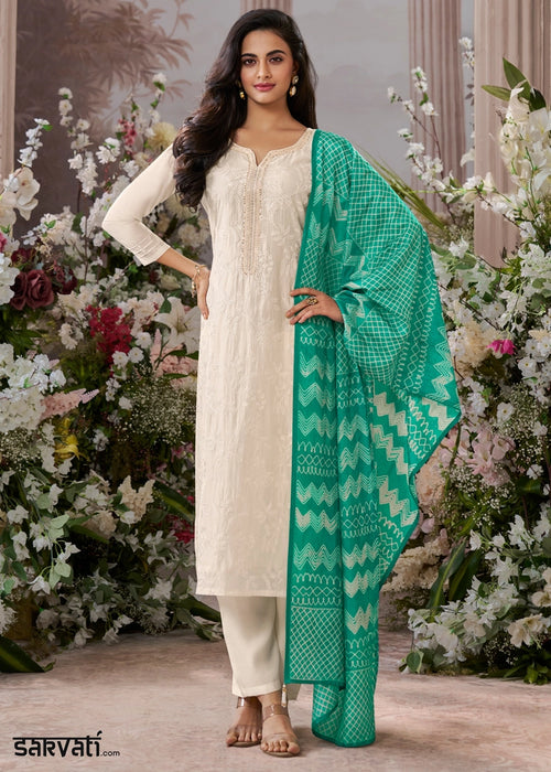 Parchment White Viscose Suit Set with Thread Work and Green Printed Dupatta