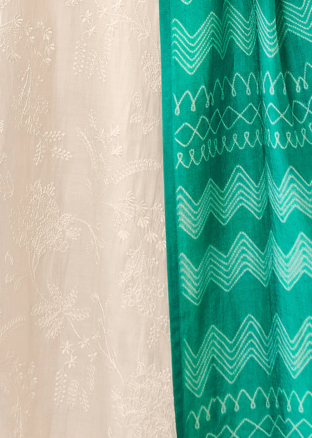 Parchment White Viscose Suit Set with Thread Work and Green Printed Dupatta