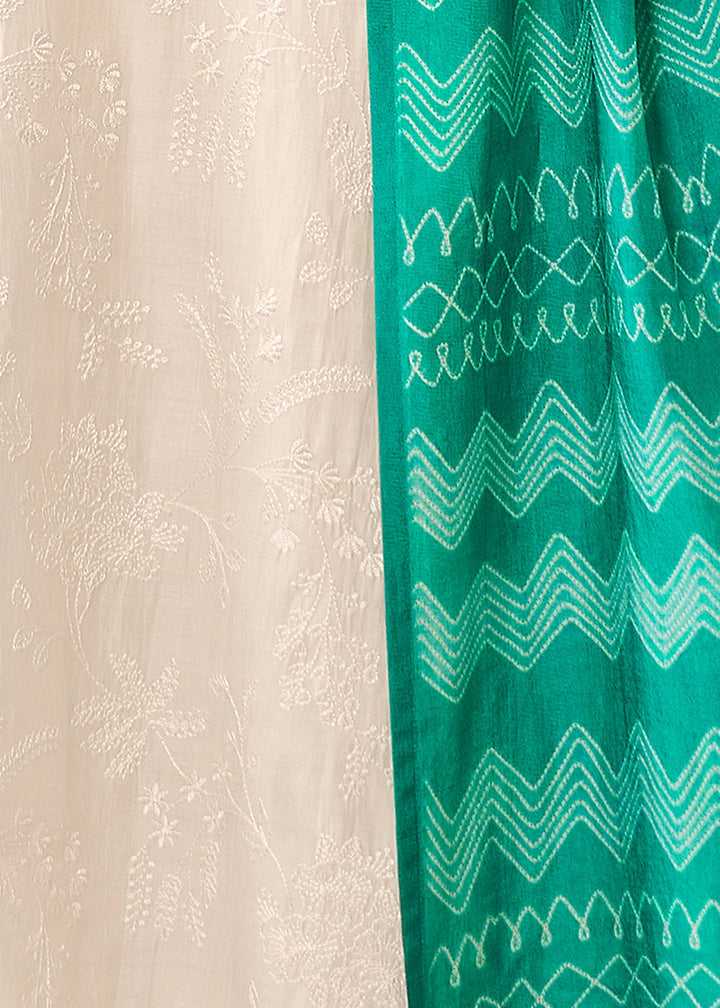 Parchment White Viscose Suit Set with Thread Work and Green Printed Dupatta