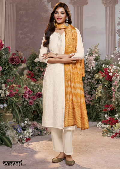 Cream White Viscose Suit Set with Thread Work and Yellow Printed Dupatta