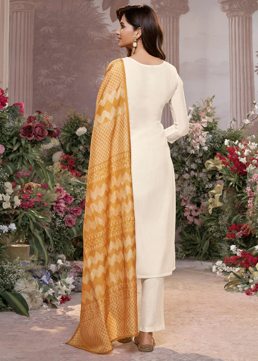 Cream White Viscose Suit Set with Thread Work and Yellow Printed Dupatta