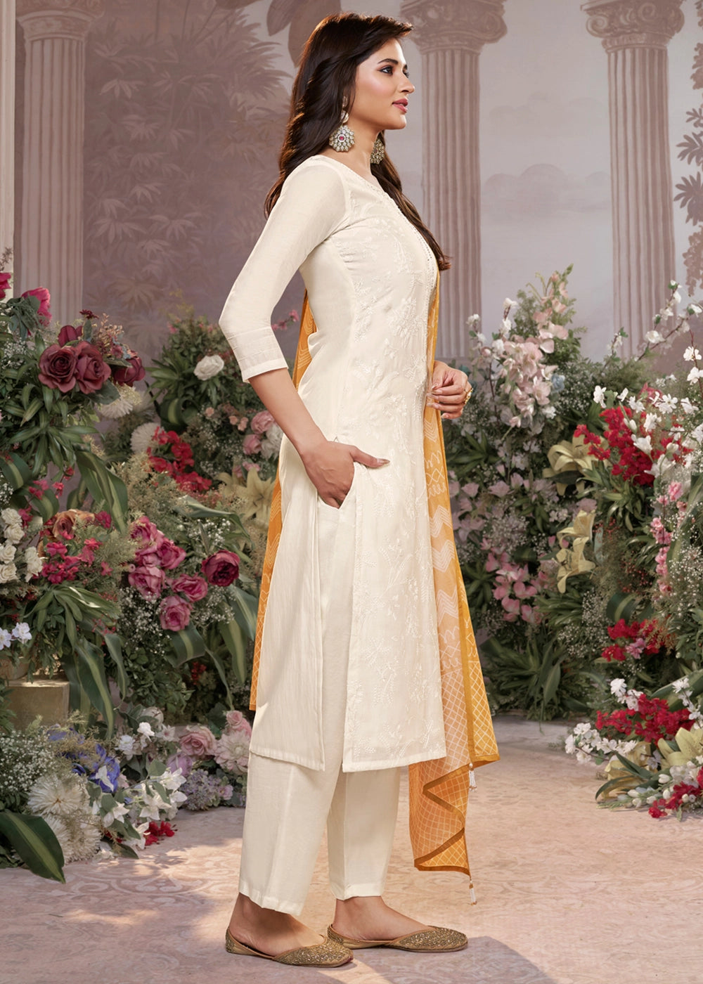 Cream White Viscose Suit Set with Thread Work and Yellow Printed Dupatta