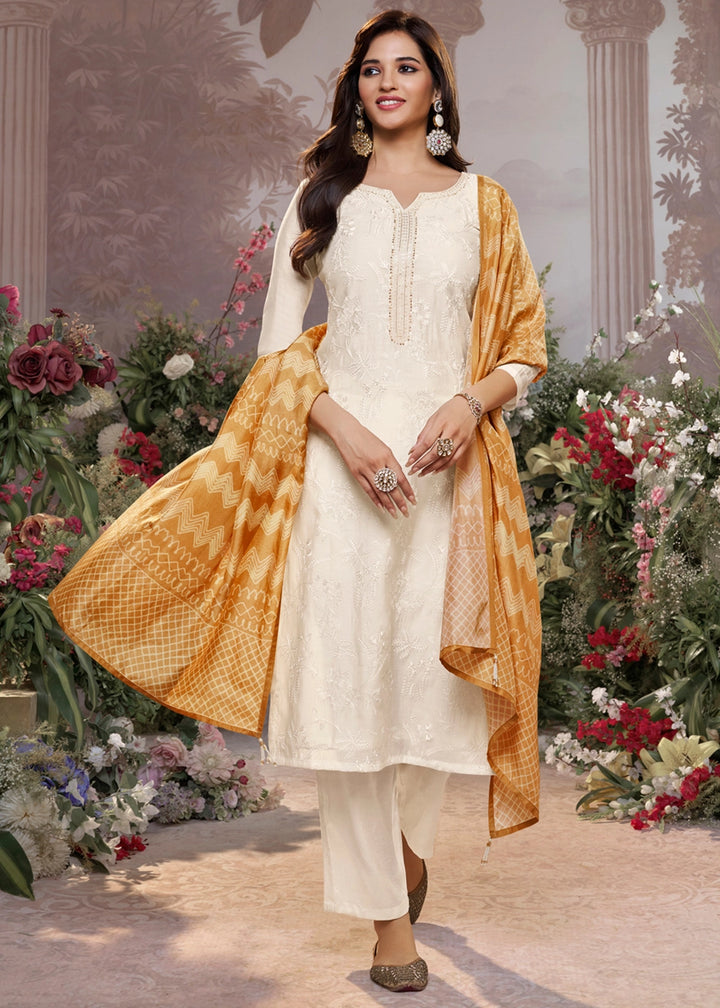 Cream White Viscose Suit Set with Thread Work and Yellow Printed Dupatta