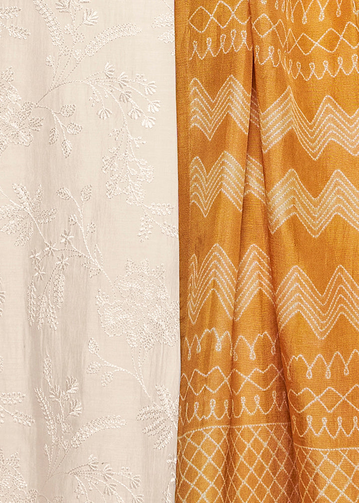 Cream White Viscose Suit Set with Thread Work and Yellow Printed Dupatta