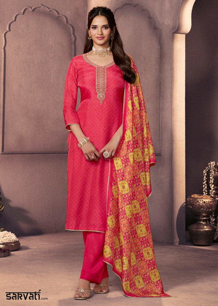 Raspberry Pink Silk Suit with Printed Dupatta & Embroidered Neckline