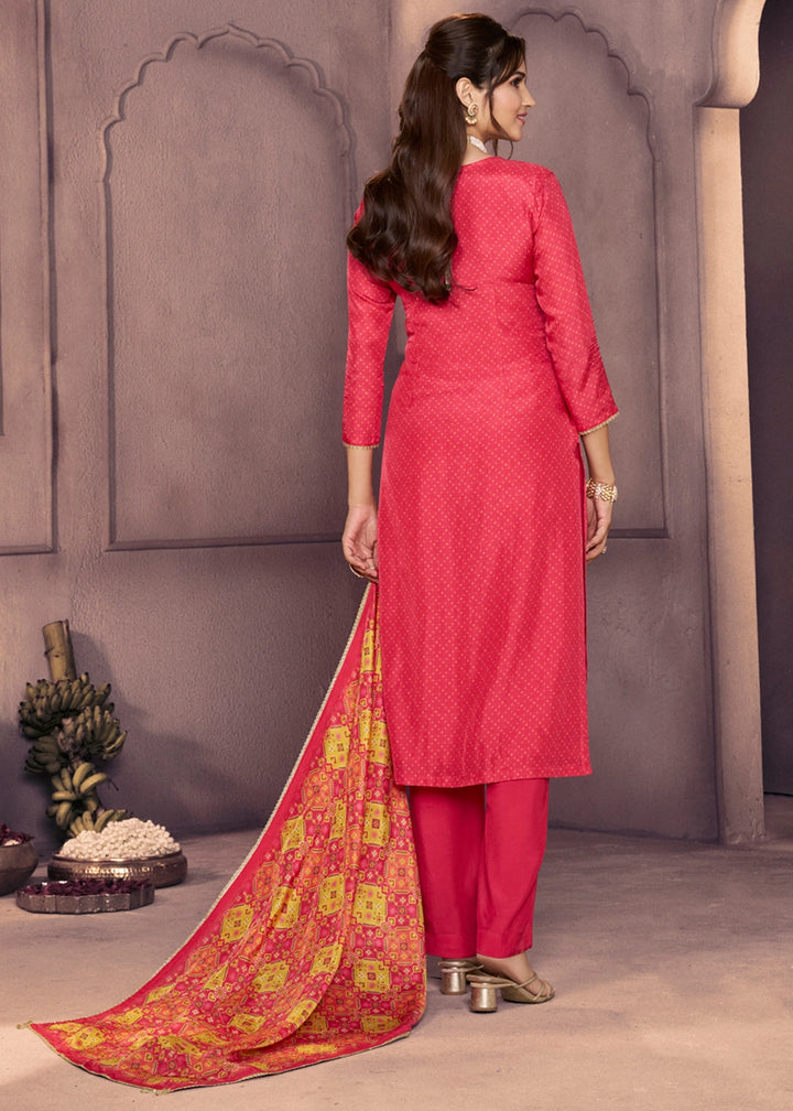 Raspberry Pink Silk Suit with Printed Dupatta & Embroidered Neckline