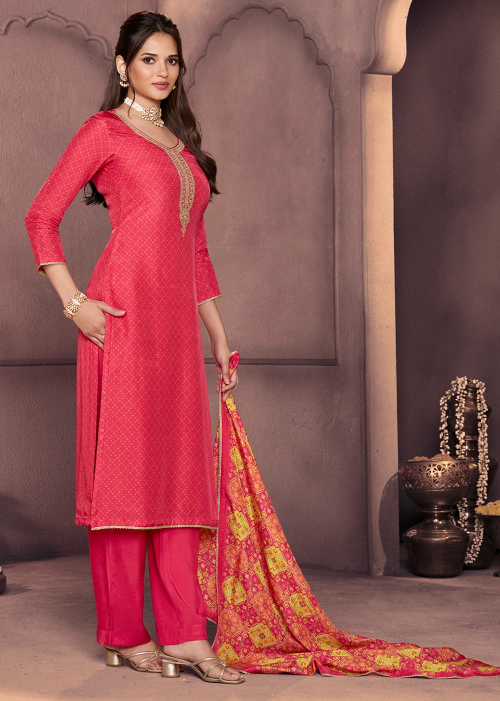 Raspberry Pink Silk Suit with Printed Dupatta & Embroidered Neckline