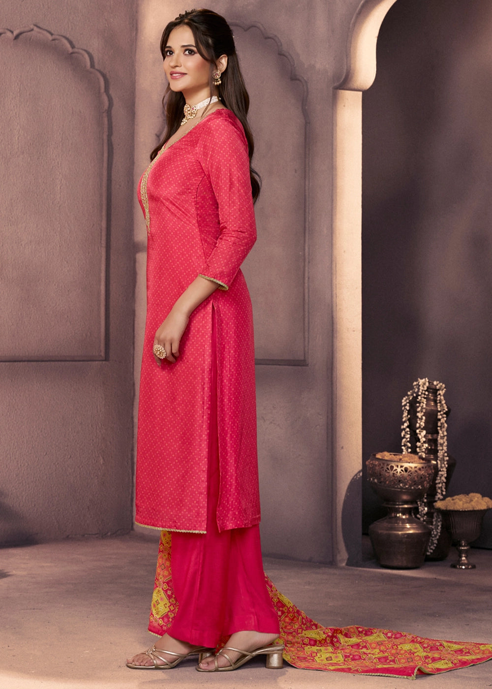 Raspberry Pink Silk Suit with Printed Dupatta & Embroidered Neckline