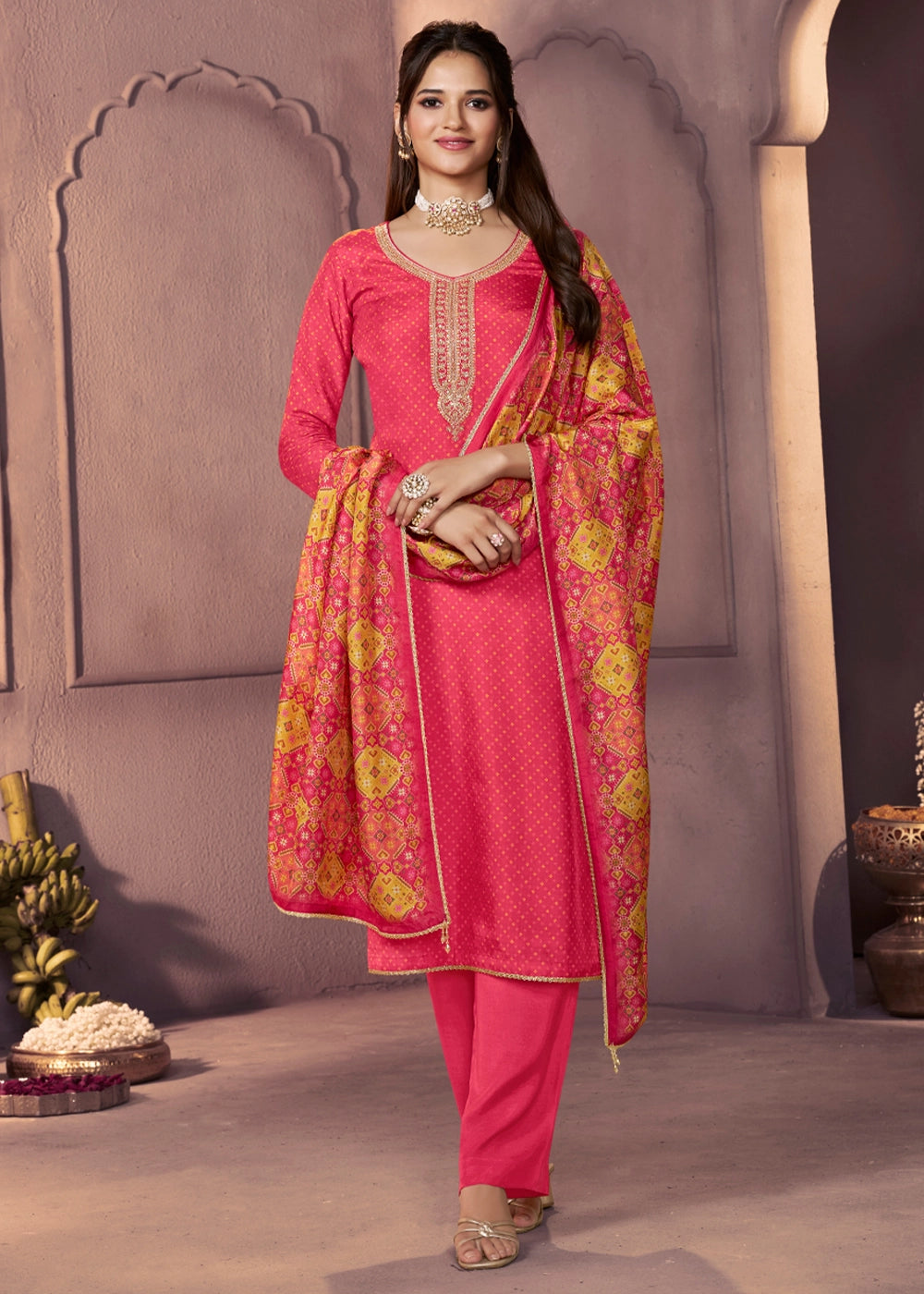Raspberry Pink Silk Suit with Printed Dupatta & Embroidered Neckline