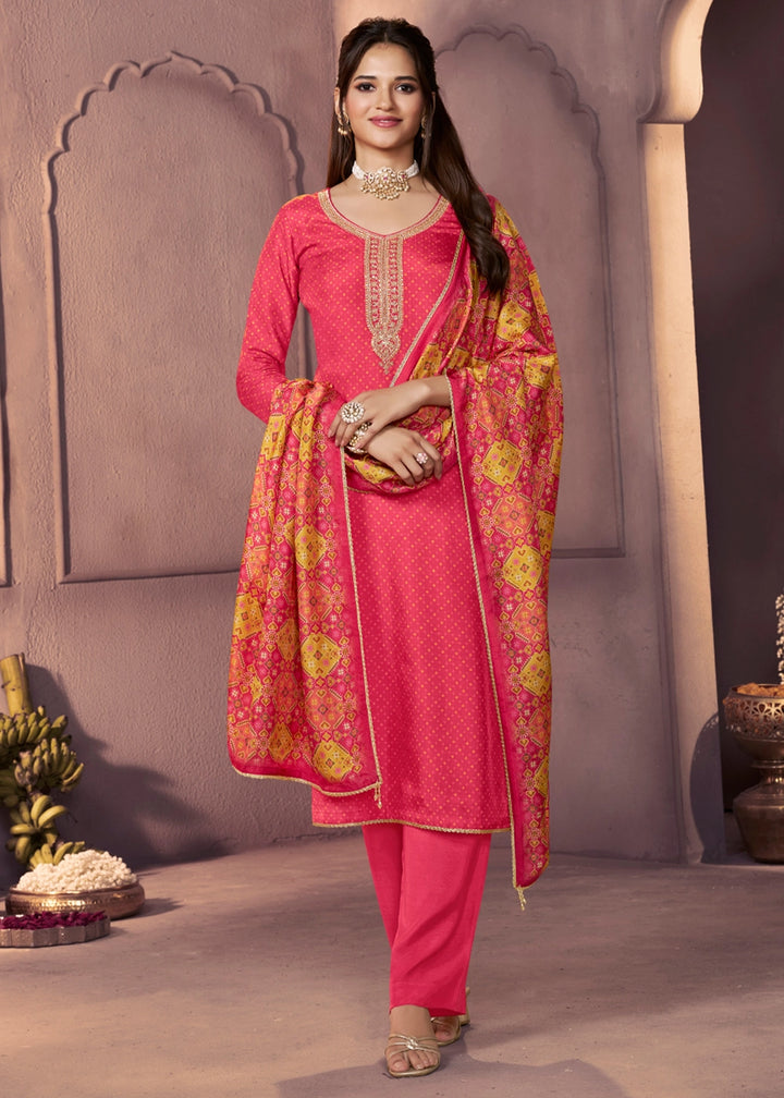 Raspberry Pink Silk Suit with Printed Dupatta & Embroidered Neckline