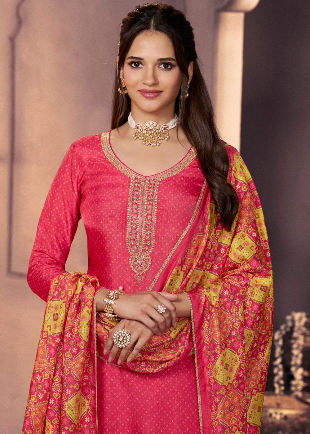 Raspberry Pink Silk Suit with Printed Dupatta & Embroidered Neckline