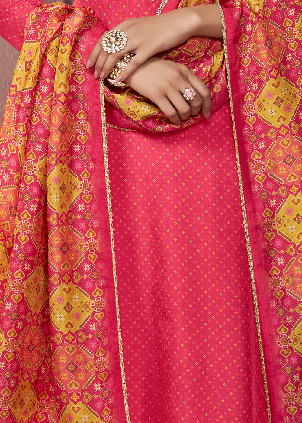 Raspberry Pink Silk Suit with Printed Dupatta & Embroidered Neckline
